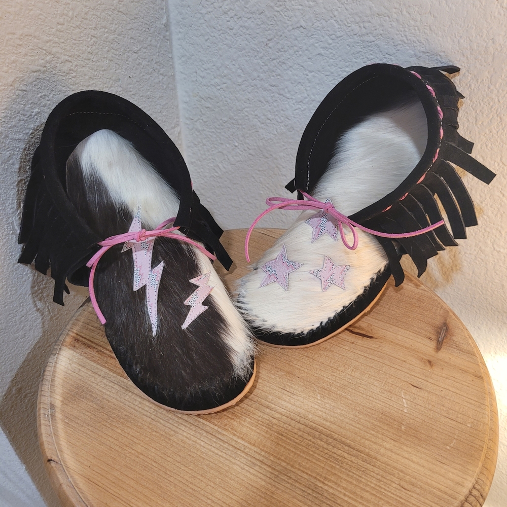 Black and White Cowhide Moccasins with Pink Accents - Picture 4 of 5
